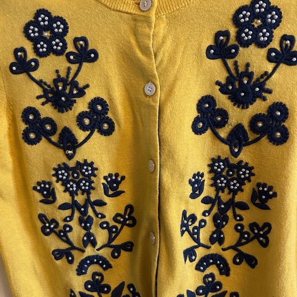 J. Crew Yellow Cardigan with Black Floral Design - Picture 2 of 5